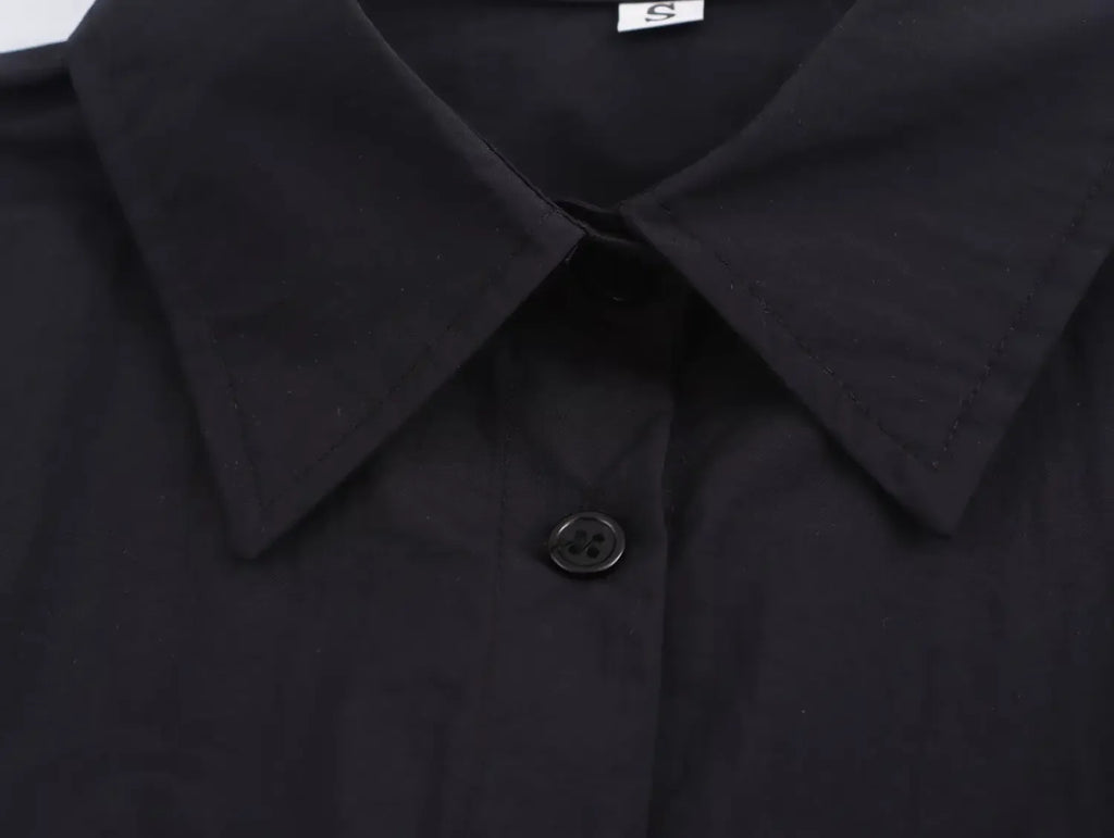 Elegant Solid Color Waist Midi Dress with Long Shirt Style and Side Pockets for Women