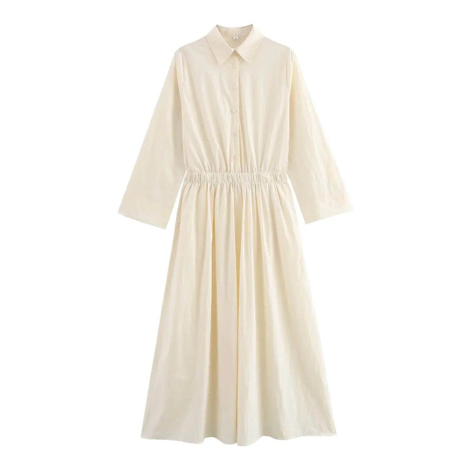 Elegant Solid Color Waist Midi Dress with Long Shirt Style and Side Pockets for Women