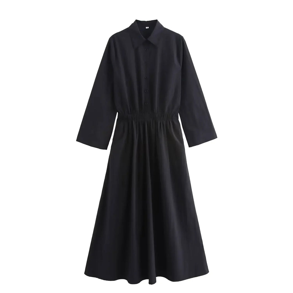 Elegant Solid Color Waist Midi Dress with Long Shirt Style and Side Pockets for Women