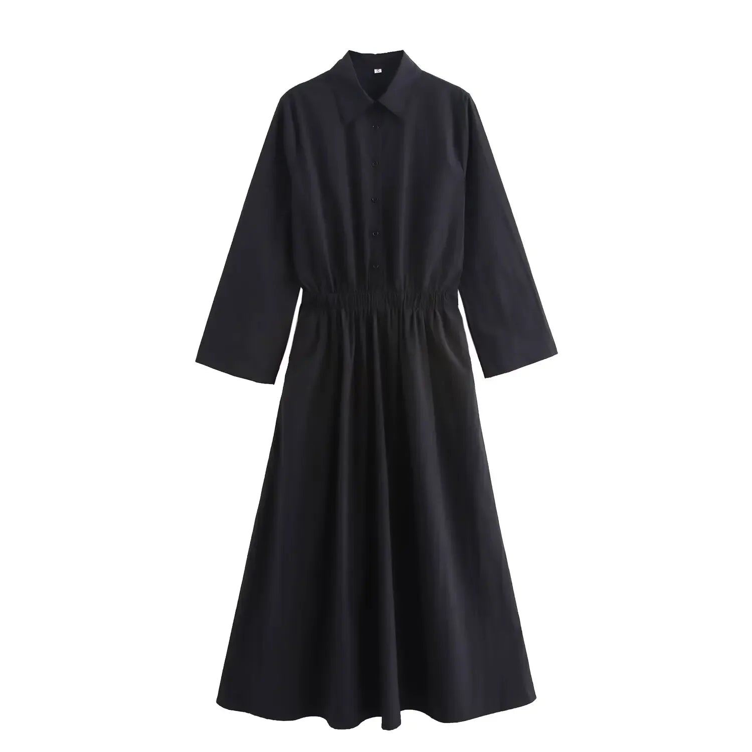 Elegant Solid Color Waist Midi Dress with Long Shirt Style and Side Pockets for Women