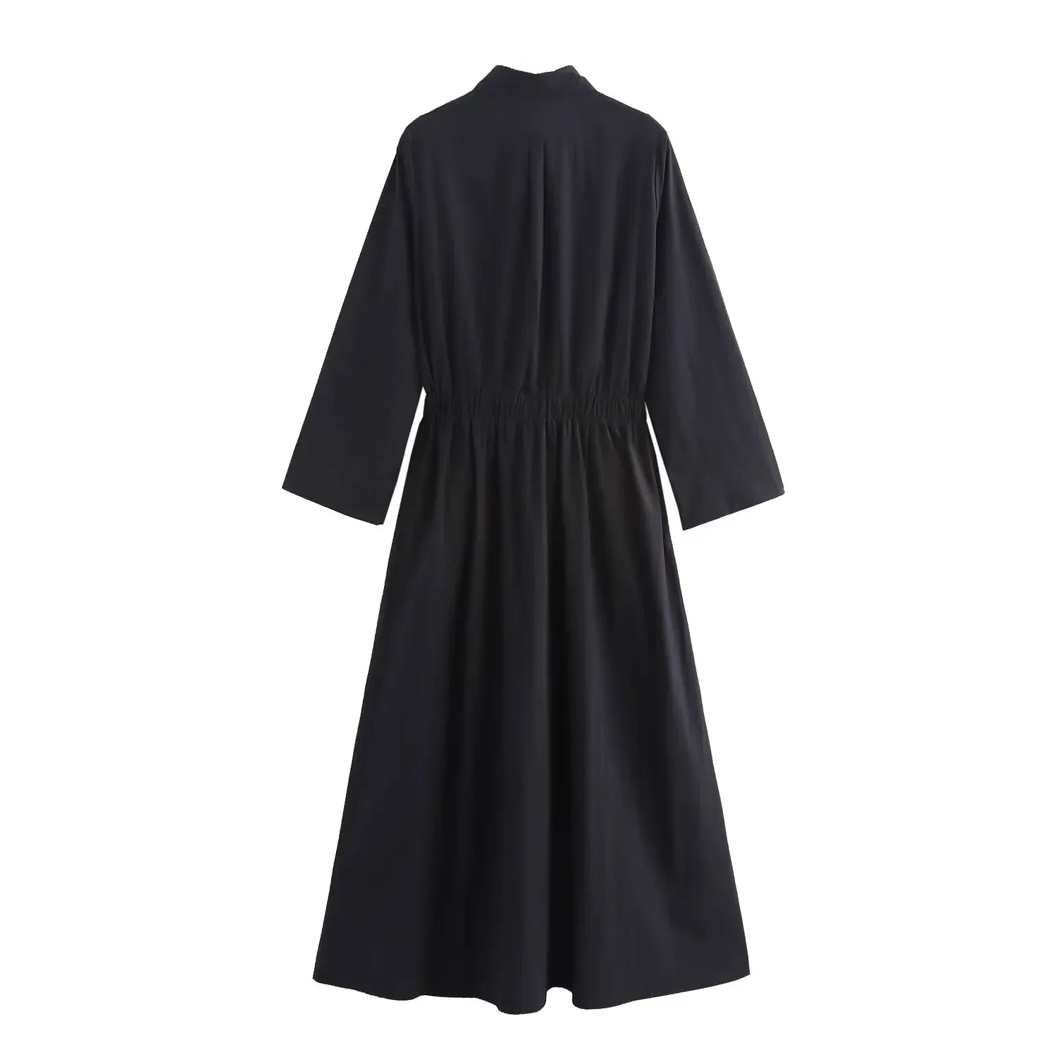 Elegant Solid Color Waist Midi Dress with Long Shirt Style and Side Pockets for Women