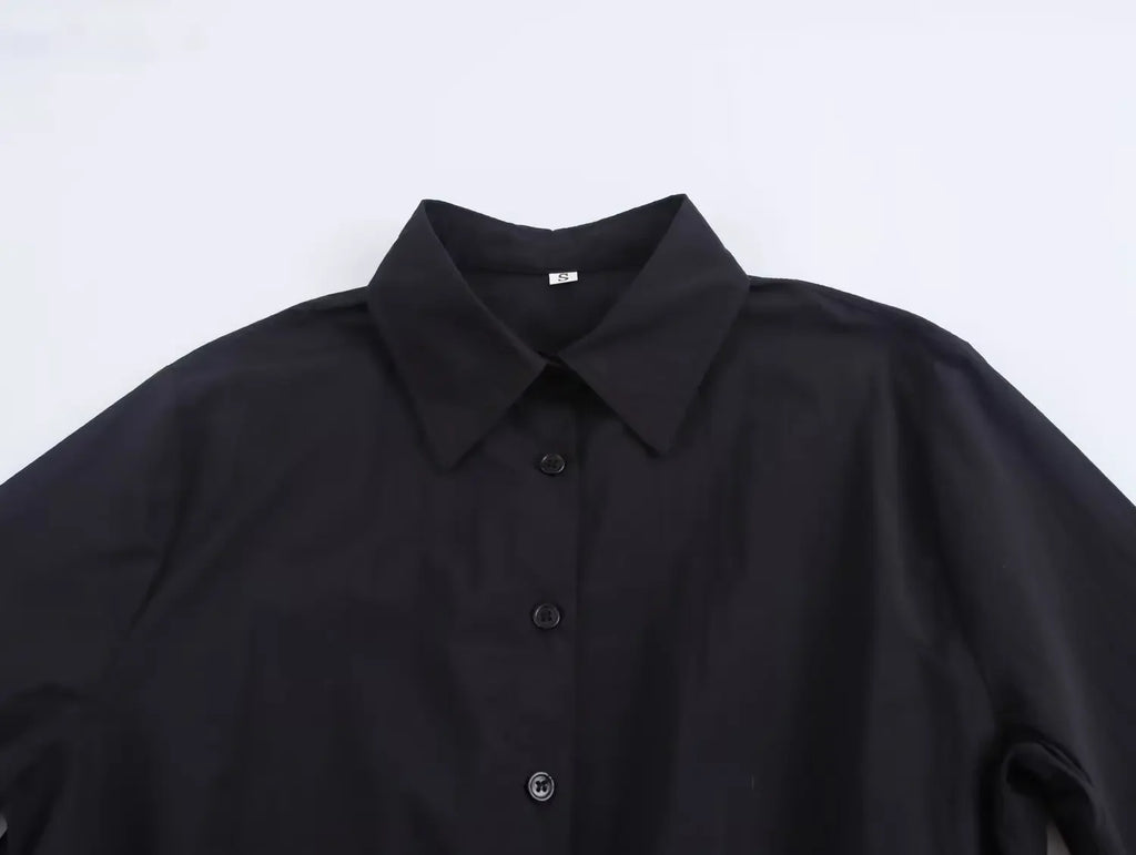 Elegant Solid Color Waist Midi Dress with Long Shirt Style and Side Pockets for Women