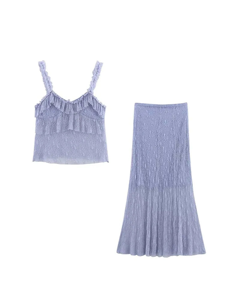 Women Summer Lace Two-Piece Set Sexy Solid Camisole Top and Elegant Skirt Stylish Streetwear Outfit for Ladies