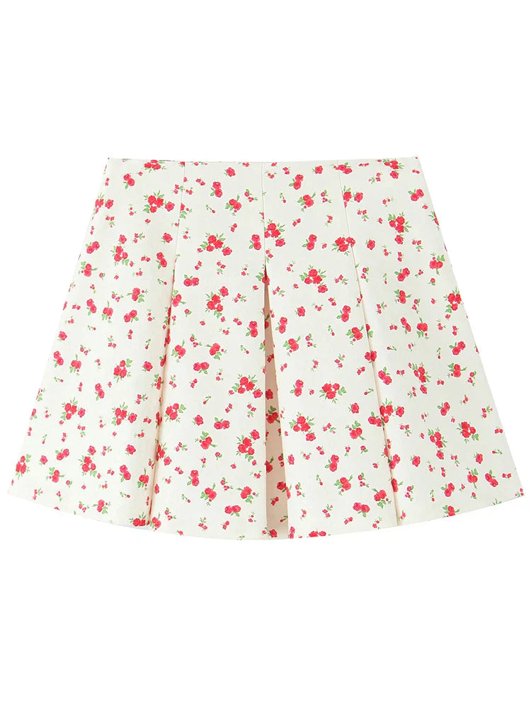 Prairie Chic Women's Skirt Set with Square Collar Sleeveless Printed Top and Mini Skirt Fashion Ensemble