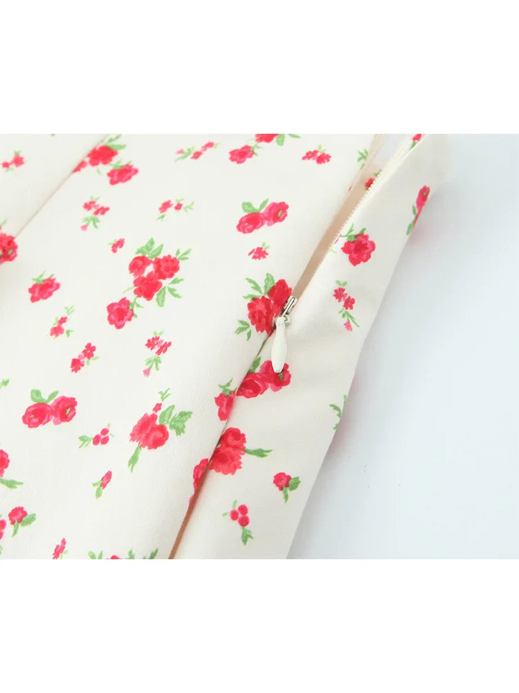 Prairie Chic Women's Skirt Set with Square Collar Sleeveless Printed Top and Mini Skirt Fashion Ensemble