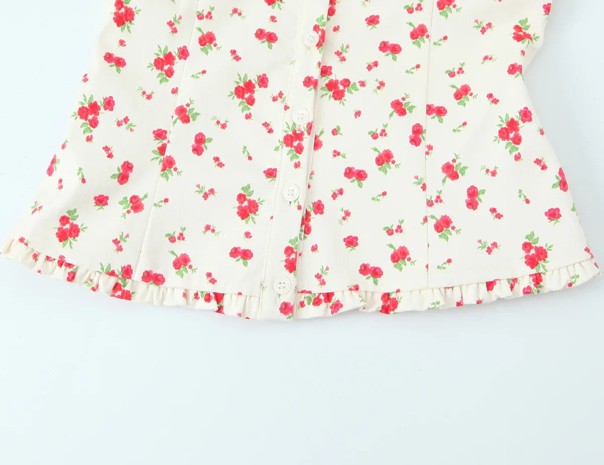 Prairie Chic Women's Skirt Set with Square Collar Sleeveless Printed Top and Mini Skirt Fashion Ensemble