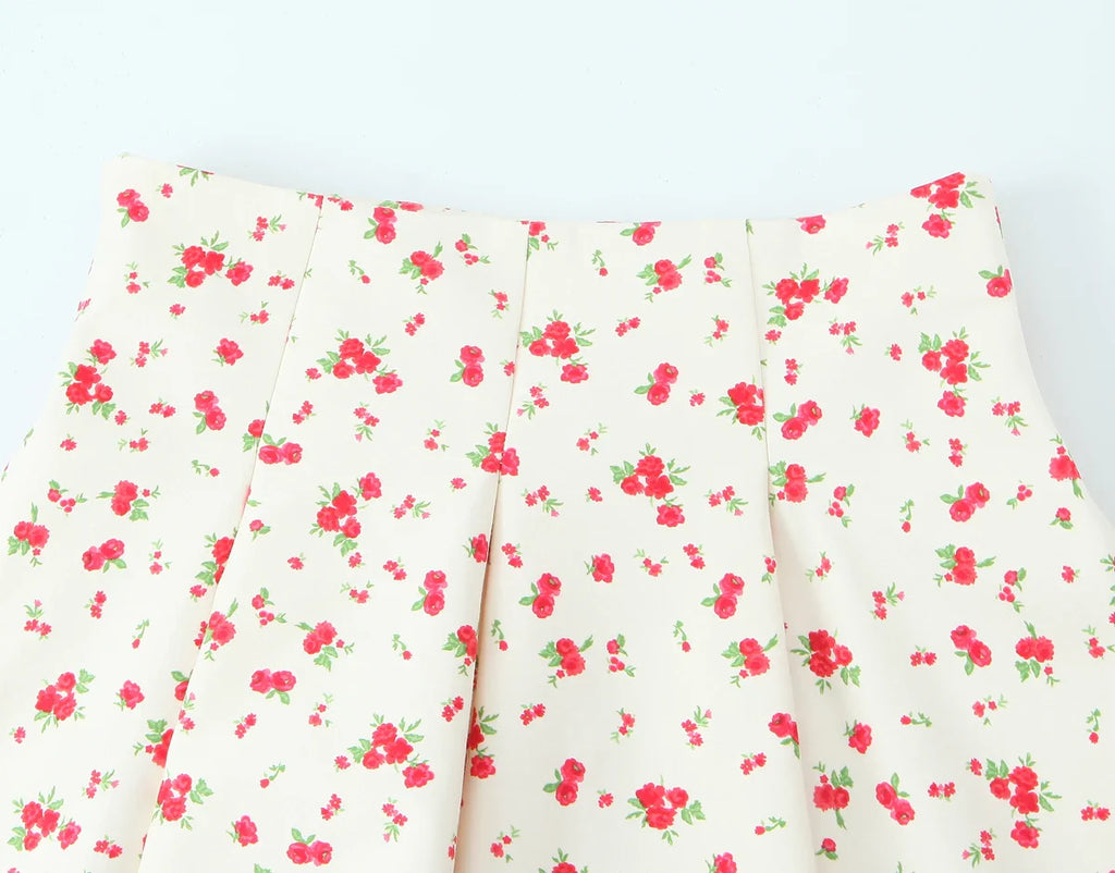 Prairie Chic Women's Skirt Set with Square Collar Sleeveless Printed Top and Mini Skirt Fashion Ensemble