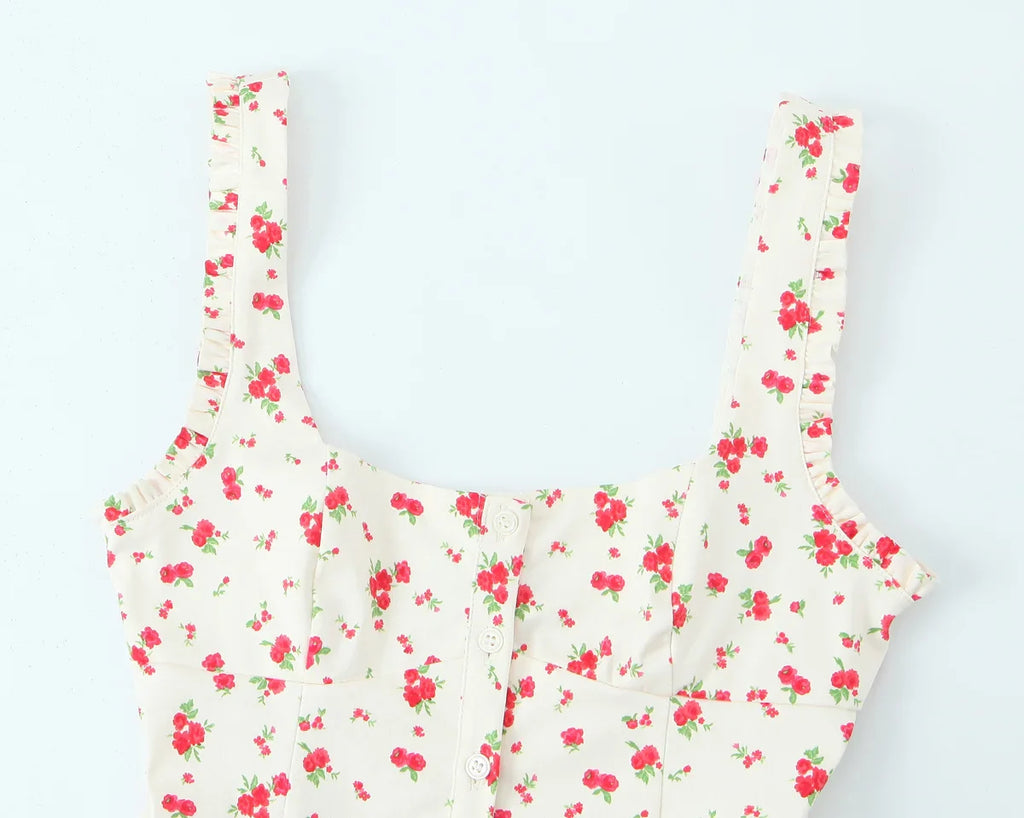 Prairie Chic Women's Skirt Set with Square Collar Sleeveless Printed Top and Mini Skirt Fashion Ensemble