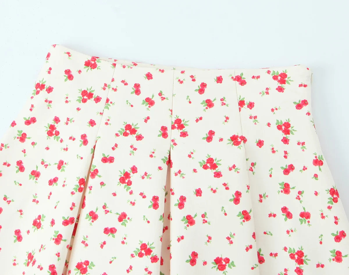 Prairie Chic Women's Skirt Set with Square Collar Sleeveless Printed Top and Mini Skirt Fashion Ensemble