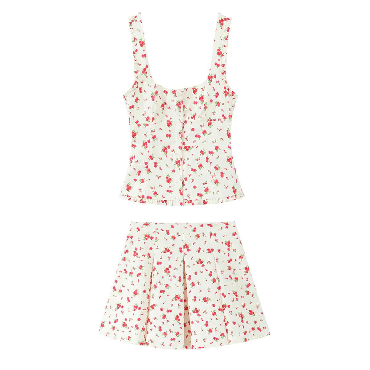 Prairie Chic Women's Skirt Set with Square Collar Sleeveless Printed Top and Mini Skirt Fashion Ensemble