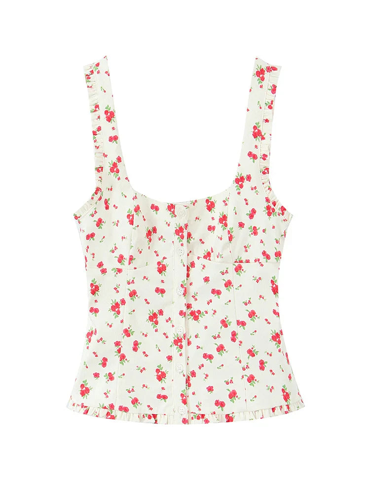 Prairie Chic Women's Skirt Set with Square Collar Sleeveless Printed Top and Mini Skirt Fashion Ensemble