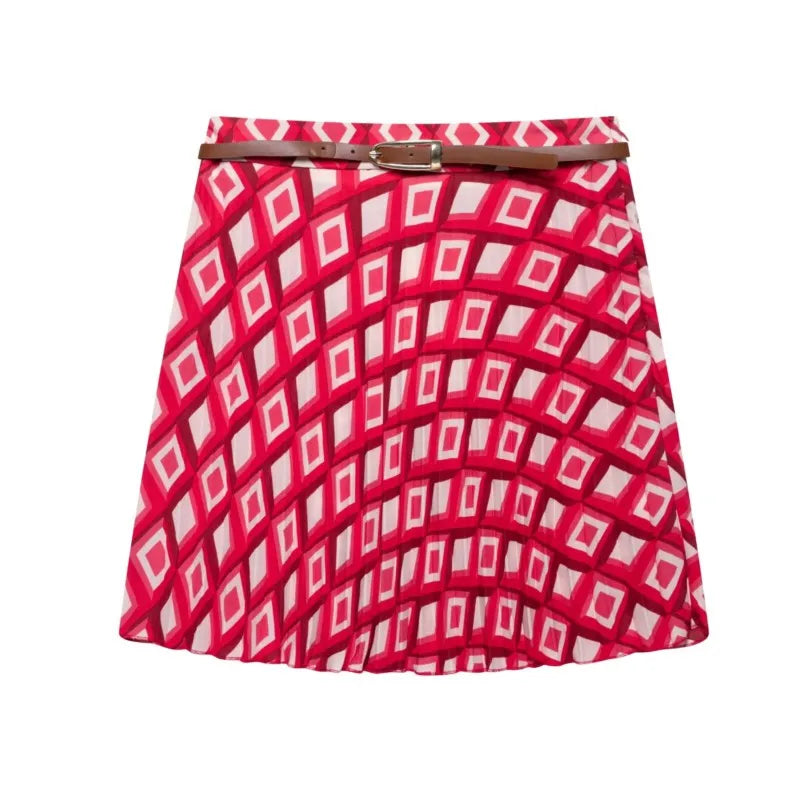 Women's Printed Geometric Wrinkle 2-Piece Set Skirt with Belt Casual Long Sleeve Collared Shirt Side Zipper Mini Skirt Spring Outfit