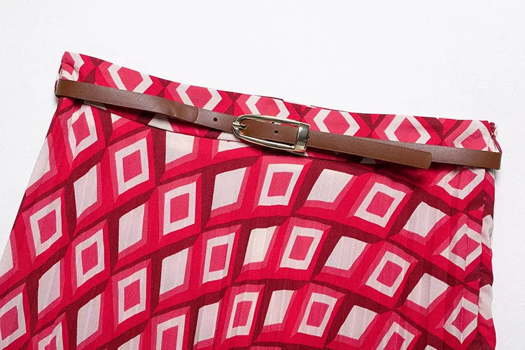 Women's Printed Geometric Wrinkle 2-Piece Set Skirt with Belt Casual Long Sleeve Collared Shirt Side Zipper Mini Skirt Spring Outfit