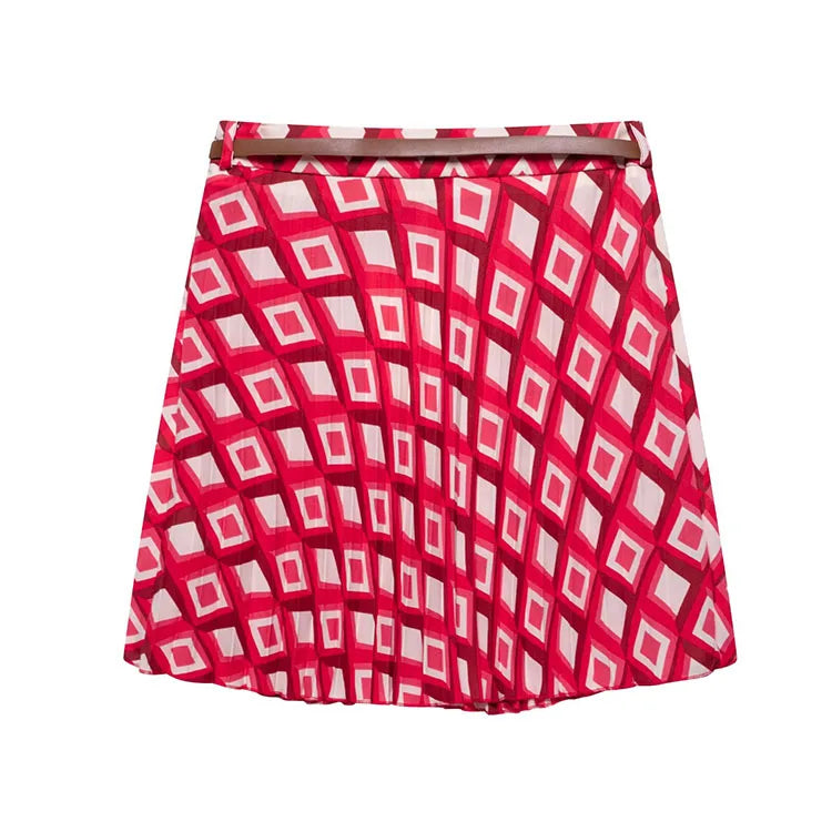 Women's Printed Geometric Wrinkle 2-Piece Set Skirt with Belt Casual Long Sleeve Collared Shirt Side Zipper Mini Skirt Spring Outfit