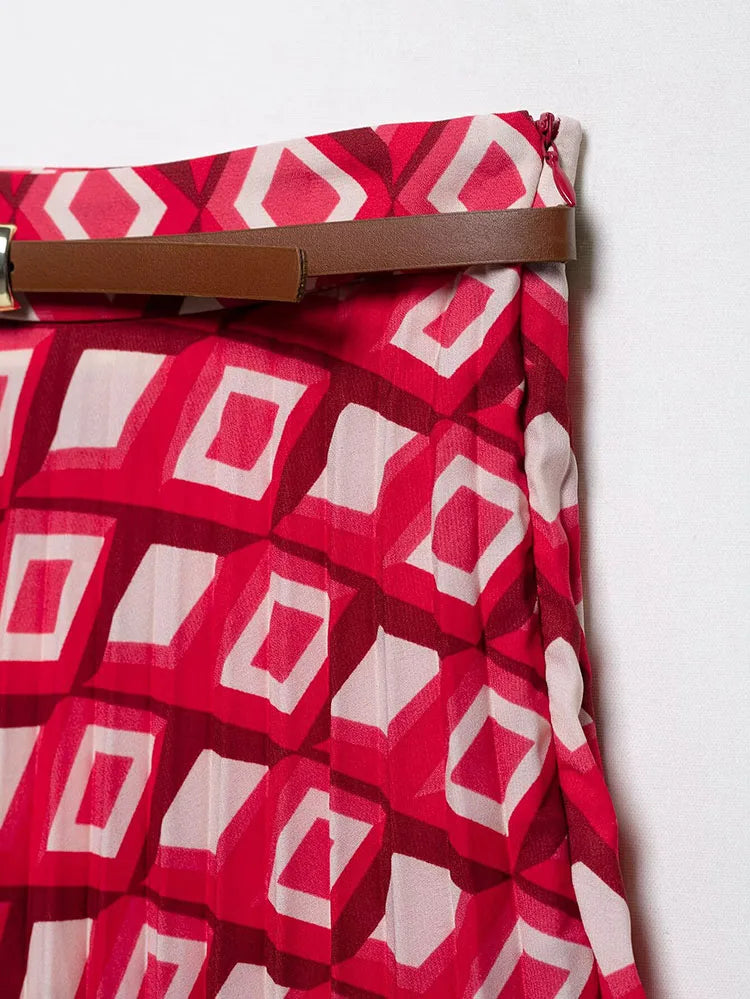 Women's Printed Geometric Wrinkle 2-Piece Set Skirt with Belt Casual Long Sleeve Collared Shirt Side Zipper Mini Skirt Spring Outfit