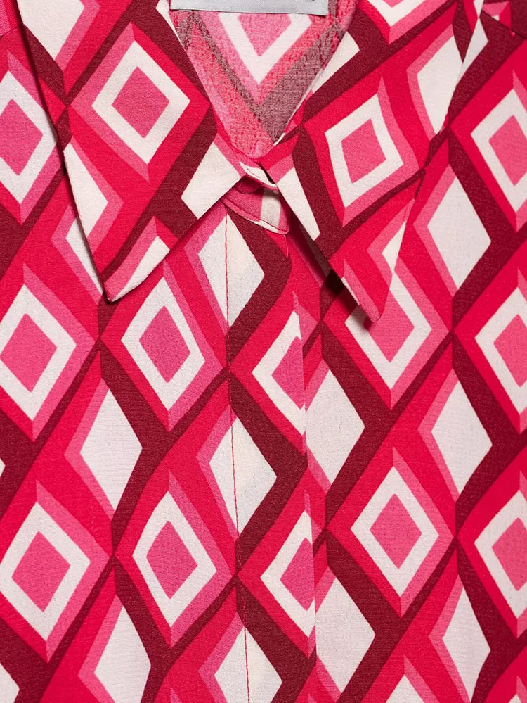 Women's Printed Geometric Wrinkle 2-Piece Set Skirt with Belt Casual Long Sleeve Collared Shirt Side Zipper Mini Skirt Spring Outfit