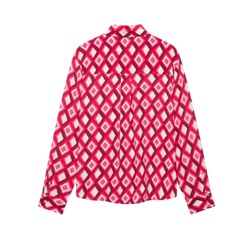 Women's Printed Geometric Wrinkle 2-Piece Set Skirt with Belt Casual Long Sleeve Collared Shirt Side Zipper Mini Skirt Spring Outfit