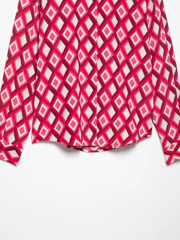 Women's Printed Geometric Wrinkle 2-Piece Set Skirt with Belt Casual Long Sleeve Collared Shirt Side Zipper Mini Skirt Spring Outfit