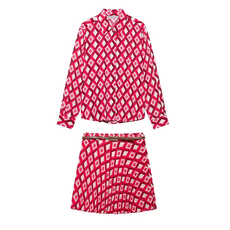 Women's Printed Geometric Wrinkle 2-Piece Set Skirt with Belt Casual Long Sleeve Collared Shirt Side Zipper Mini Skirt Spring Outfit
