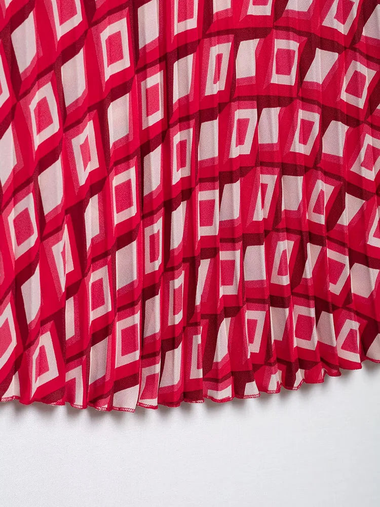 Women's Printed Geometric Wrinkle 2-Piece Set Skirt with Belt Casual Long Sleeve Collared Shirt Side Zipper Mini Skirt Spring Outfit