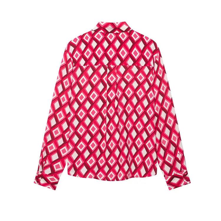 Women's Printed Geometric Wrinkle 2-Piece Set Skirt with Belt Casual Long Sleeve Collared Shirt Side Zipper Mini Skirt Spring Outfit