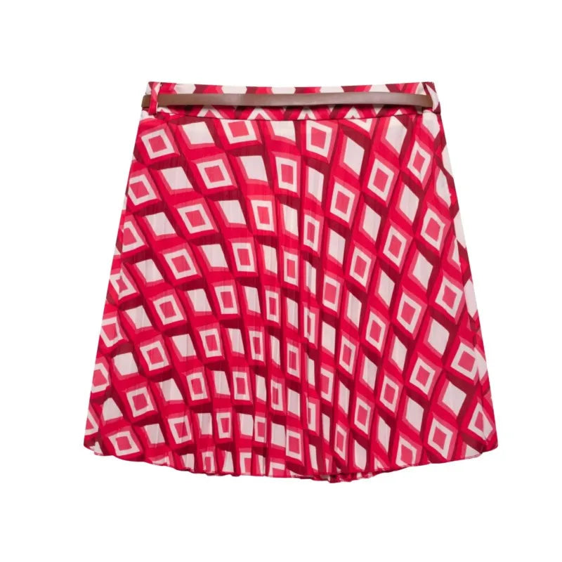 Women's Printed Geometric Wrinkle 2-Piece Set Skirt with Belt Casual Long Sleeve Collared Shirt Side Zipper Mini Skirt Spring Outfit