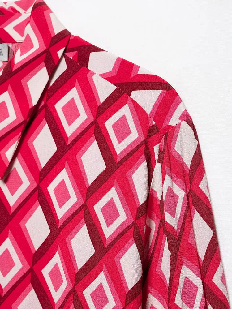 Women's Printed Geometric Wrinkle 2-Piece Set Skirt with Belt Casual Long Sleeve Collared Shirt Side Zipper Mini Skirt Spring Outfit