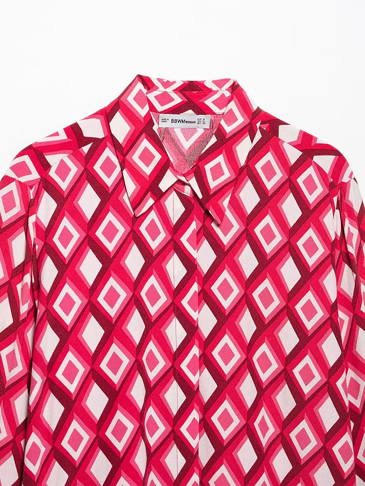 Women's Printed Geometric Wrinkle 2-Piece Set Skirt with Belt Casual Long Sleeve Collared Shirt Side Zipper Mini Skirt Spring Outfit