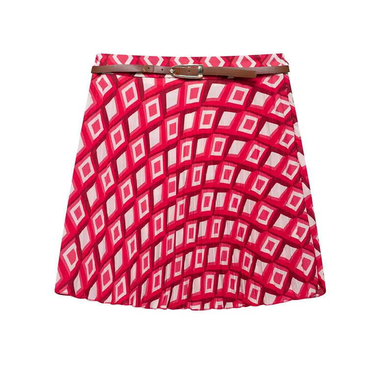 Women's Printed Geometric Wrinkle 2-Piece Set Skirt with Belt Casual Long Sleeve Collared Shirt Side Zipper Mini Skirt Spring Outfit