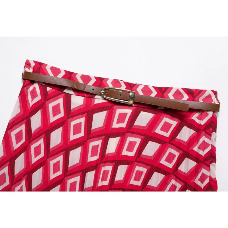 Women's Printed Geometric Wrinkle 2-Piece Set Skirt with Belt Casual Long Sleeve Collared Shirt Side Zipper Mini Skirt Spring Outfit