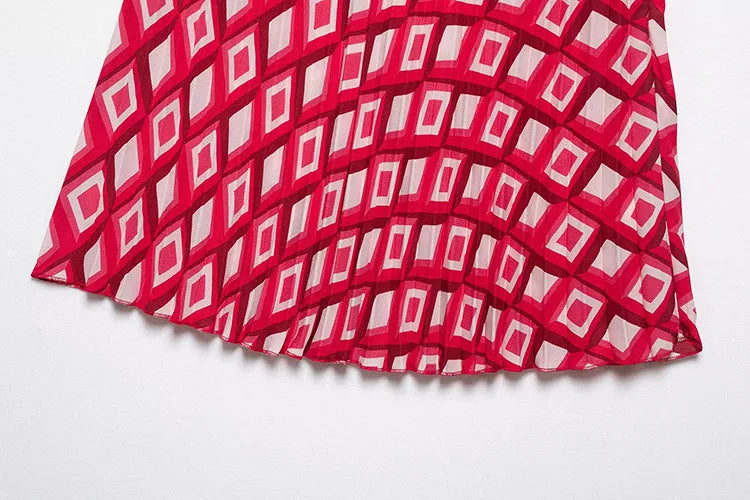 Women's Printed Geometric Wrinkle 2-Piece Set Skirt with Belt Casual Long Sleeve Collared Shirt Side Zipper Mini Skirt Spring Outfit