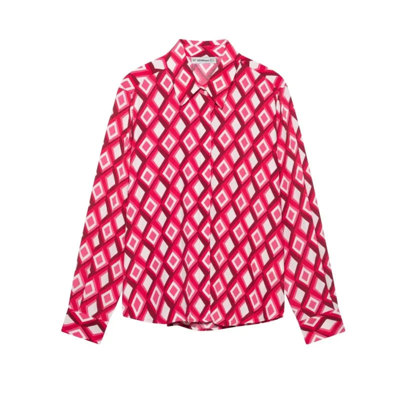 Women's Printed Geometric Wrinkle 2-Piece Set Skirt with Belt Casual Long Sleeve Collared Shirt Side Zipper Mini Skirt Spring Outfit