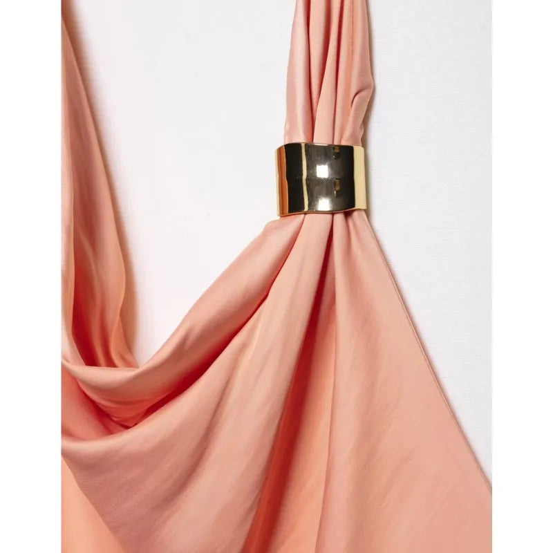 Women's Satin Two-Piece Midi Skirt Set with Gold Applique and Sexy Backless Top Spring Dress Ensemble