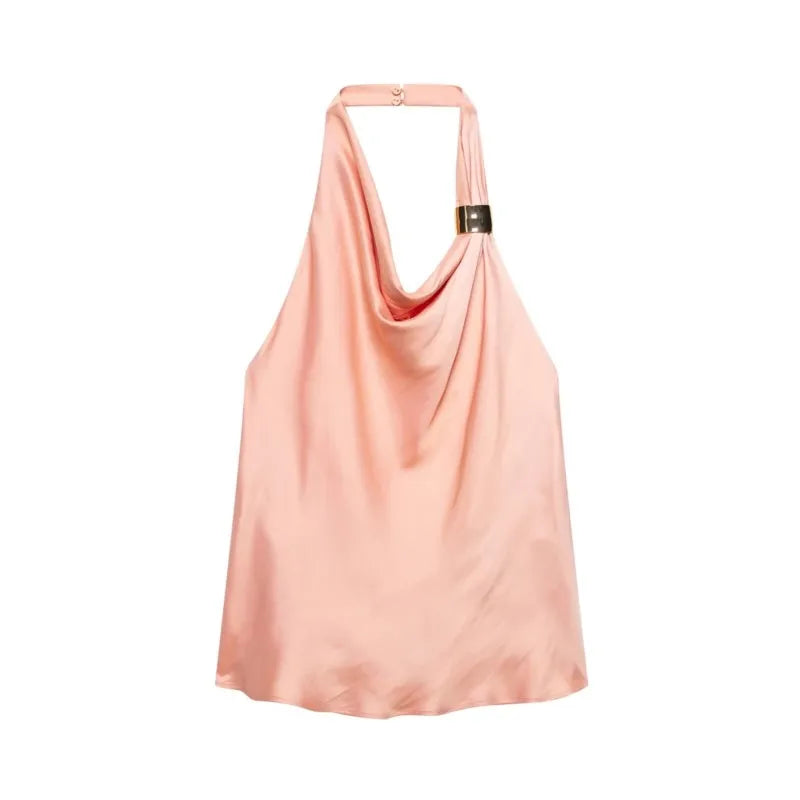 Women's Satin Two-Piece Midi Skirt Set with Gold Applique and Sexy Backless Top Spring Dress Ensemble