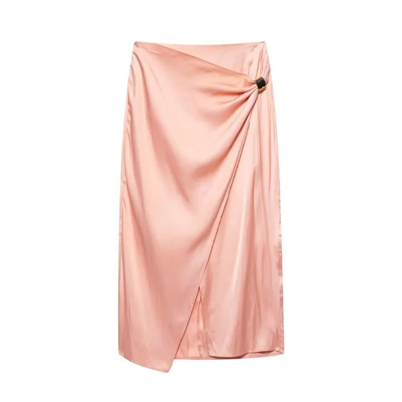 Women's Satin Two-Piece Midi Skirt Set with Gold Applique and Sexy Backless Top Spring Dress Ensemble