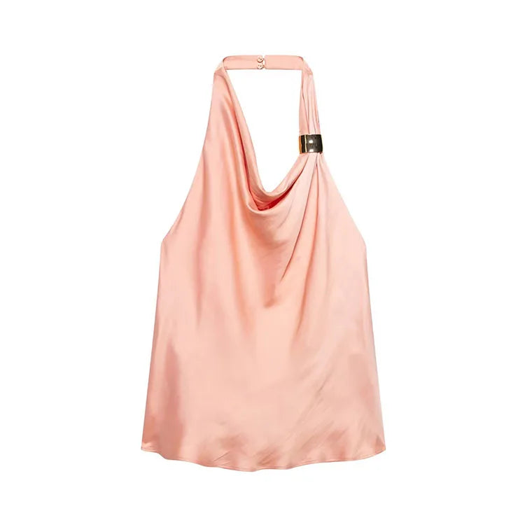 Women's Satin Two-Piece Midi Skirt Set with Gold Applique and Sexy Backless Top Spring Dress Ensemble