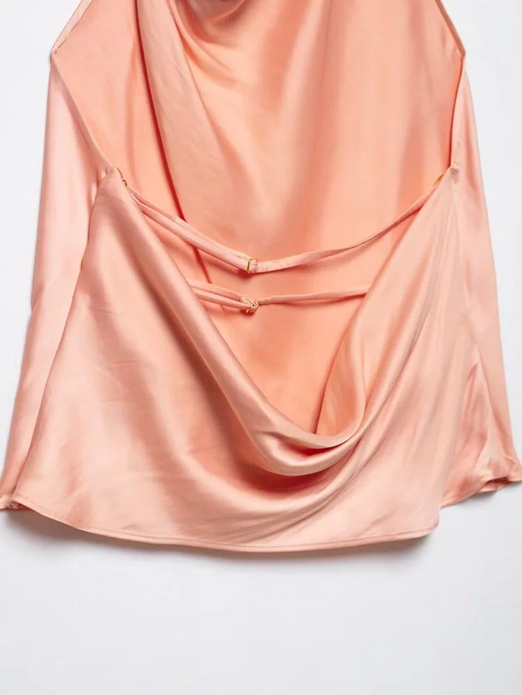 Women's Satin Two-Piece Midi Skirt Set with Gold Applique and Sexy Backless Top Spring Dress Ensemble