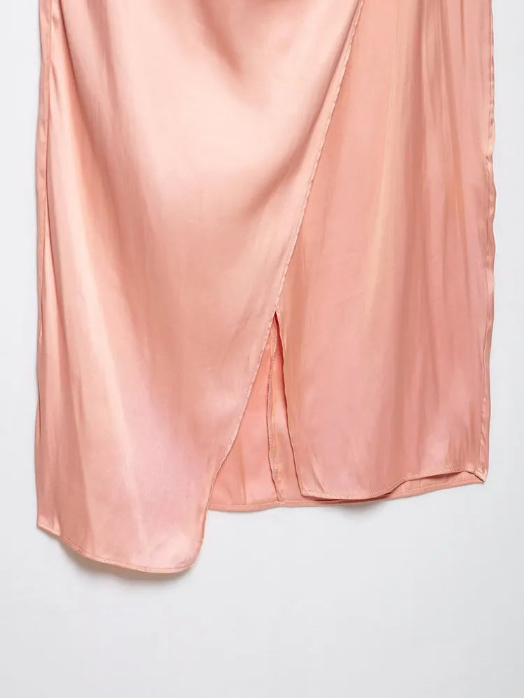 Women's Satin Two-Piece Midi Skirt Set with Gold Applique and Sexy Backless Top Spring Dress Ensemble