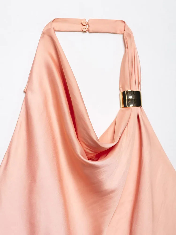 Women's Satin Two-Piece Midi Skirt Set with Gold Applique and Sexy Backless Top Spring Dress Ensemble