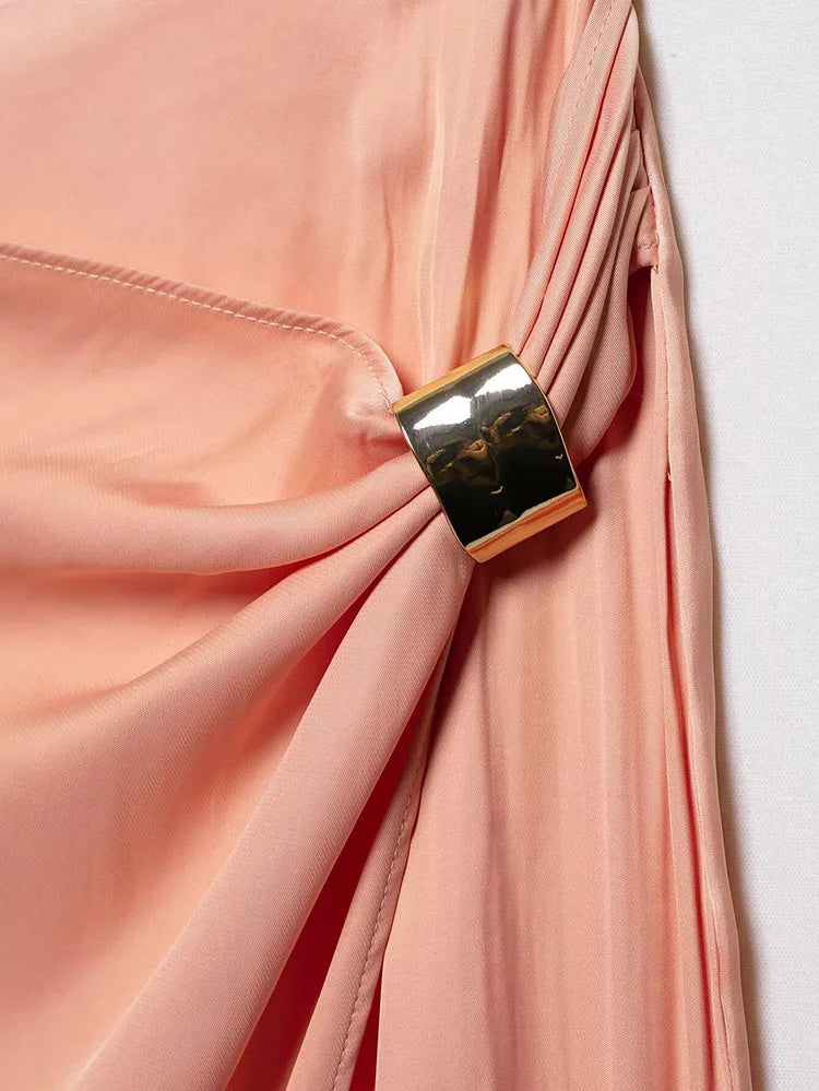 Women's Satin Two-Piece Midi Skirt Set with Gold Applique and Sexy Backless Top Spring Dress Ensemble