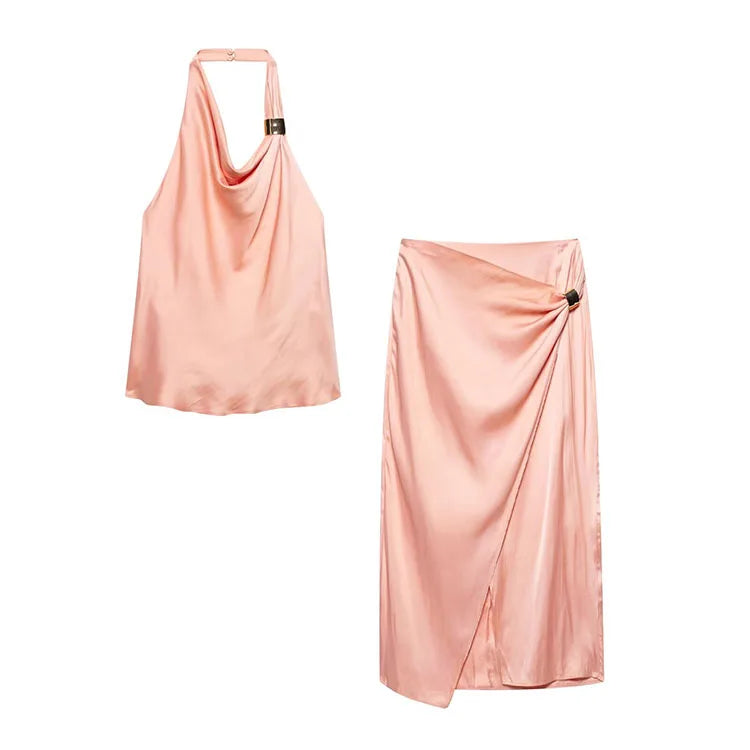 Women's Satin Two-Piece Midi Skirt Set with Gold Applique and Sexy Backless Top Spring Dress Ensemble