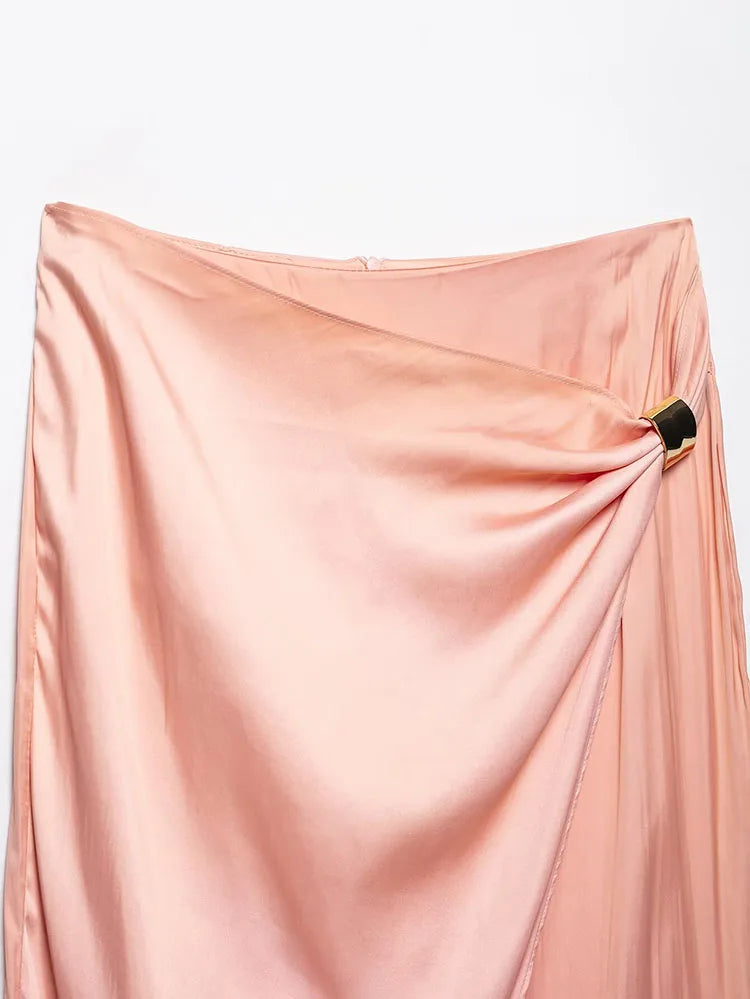 Women's Satin Two-Piece Midi Skirt Set with Gold Applique and Sexy Backless Top Spring Dress Ensemble