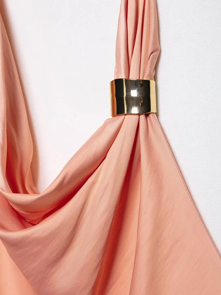 Women's Satin Two-Piece Midi Skirt Set with Gold Applique and Sexy Backless Top Spring Dress Ensemble