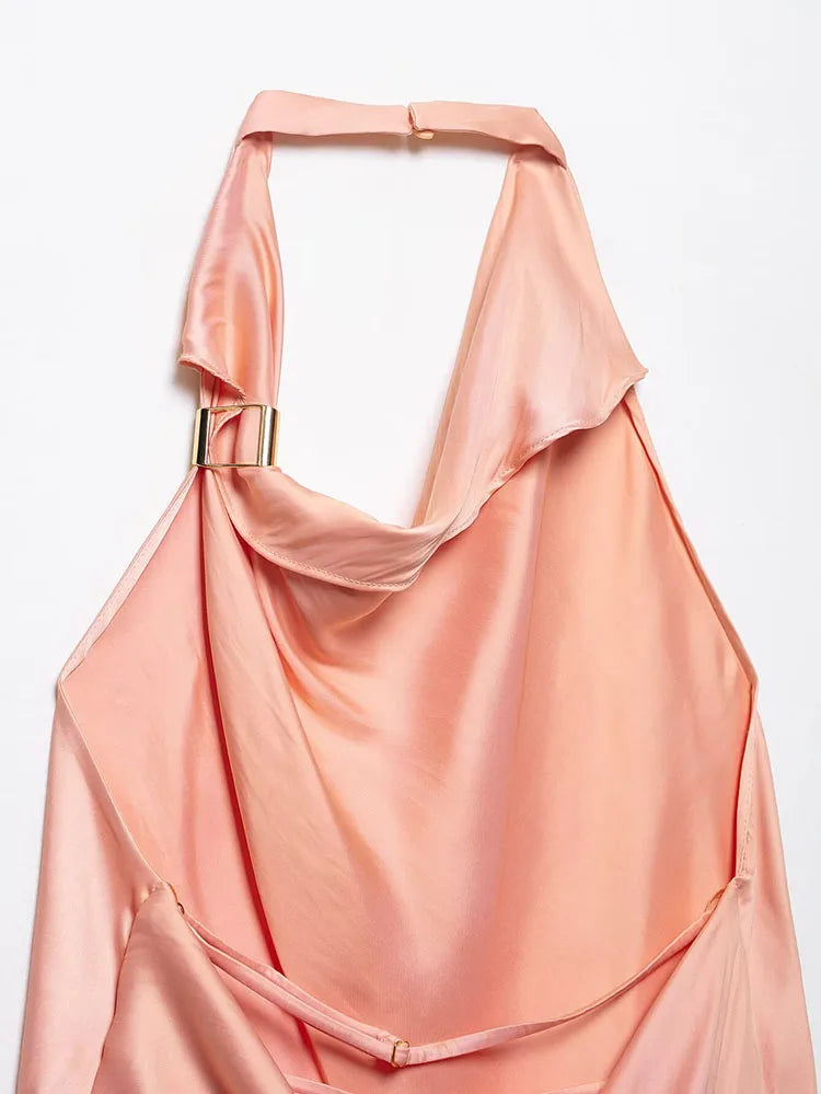 Women's Satin Two-Piece Midi Skirt Set with Gold Applique and Sexy Backless Top Spring Dress Ensemble