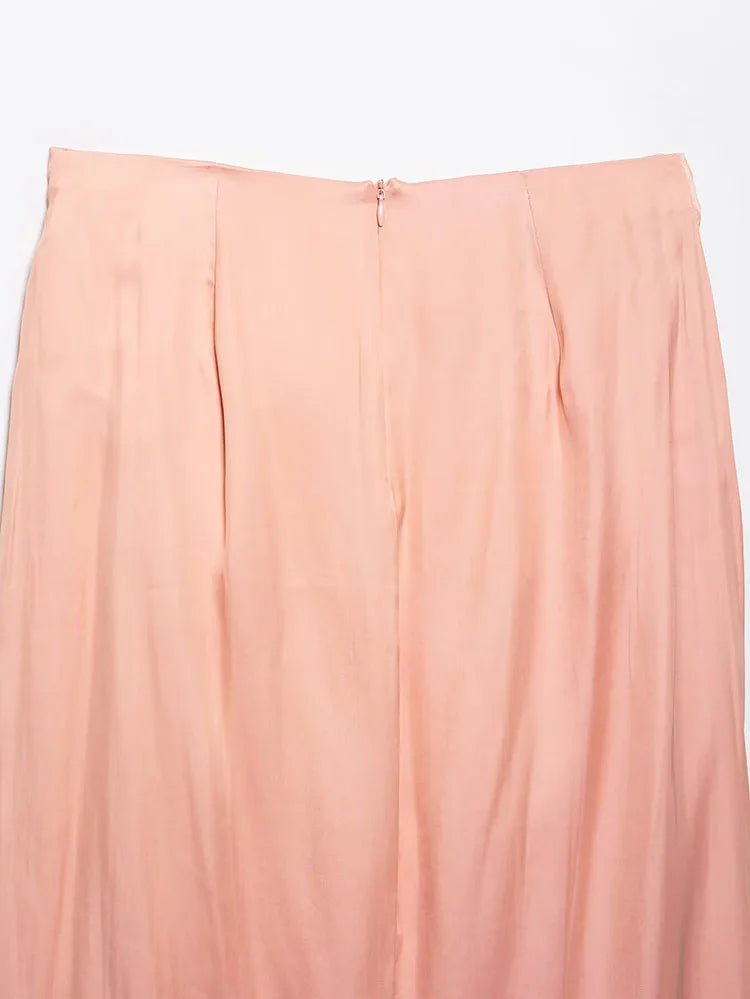 Women's Satin Two-Piece Midi Skirt Set with Gold Applique and Sexy Backless Top Spring Dress Ensemble