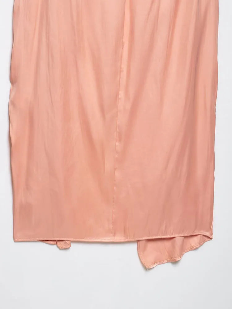 Women's Satin Two-Piece Midi Skirt Set with Gold Applique and Sexy Backless Top Spring Dress Ensemble