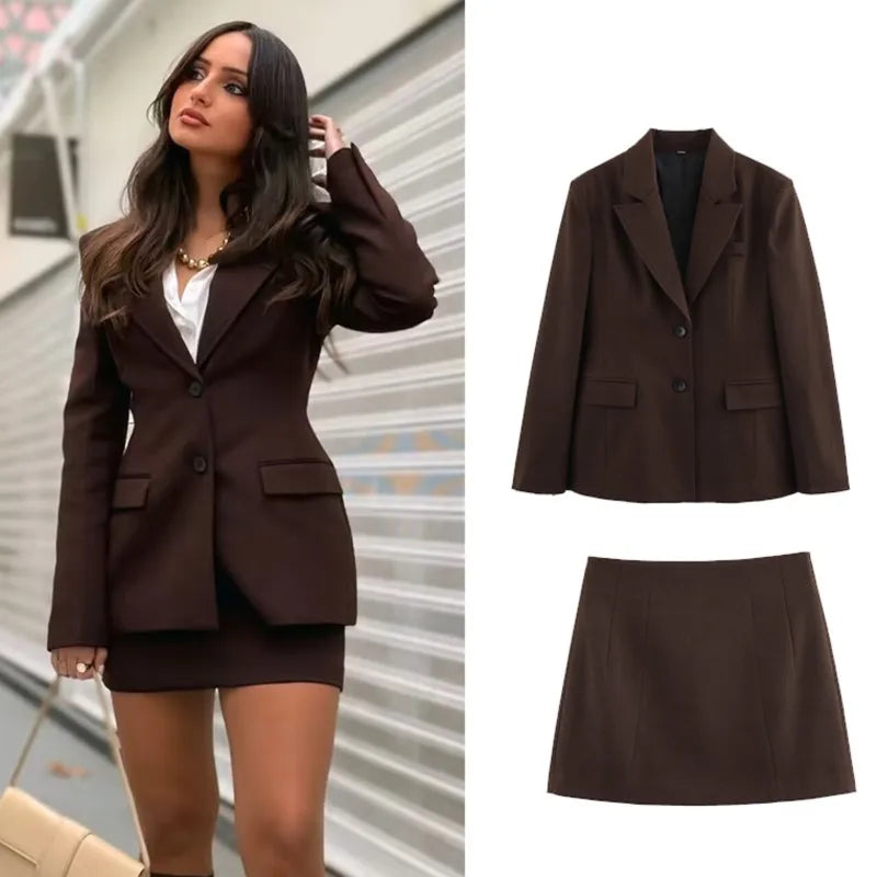 Elegant Women's Office Two-Piece Jacket and A-Line Skirt Set Slim Fit Long Sleeve Blazer with Hip-Enhancing Skirt