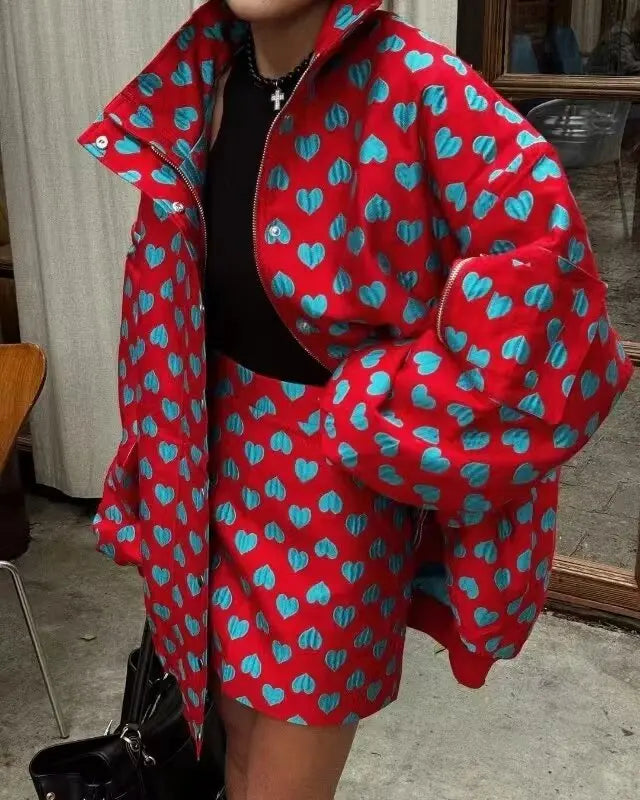 Love Print Cotton Coat With Matching Hip Skirt Set For Women Elegant Casual Two-Piece Outfit