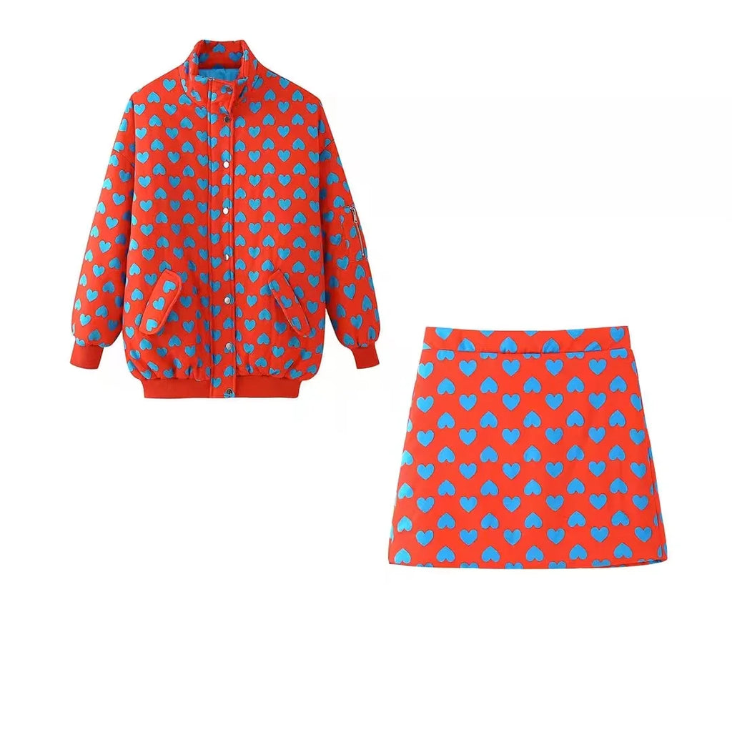 Love Print Cotton Coat With Matching Hip Skirt Set For Women Elegant Casual Two-Piece Outfit