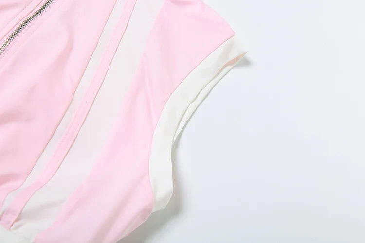 Casual Two Piece Set Women Stripe Panelled Zip-Up Pleated Crop Tank Top and Bandage Mini Skirt Summer Tracksuit